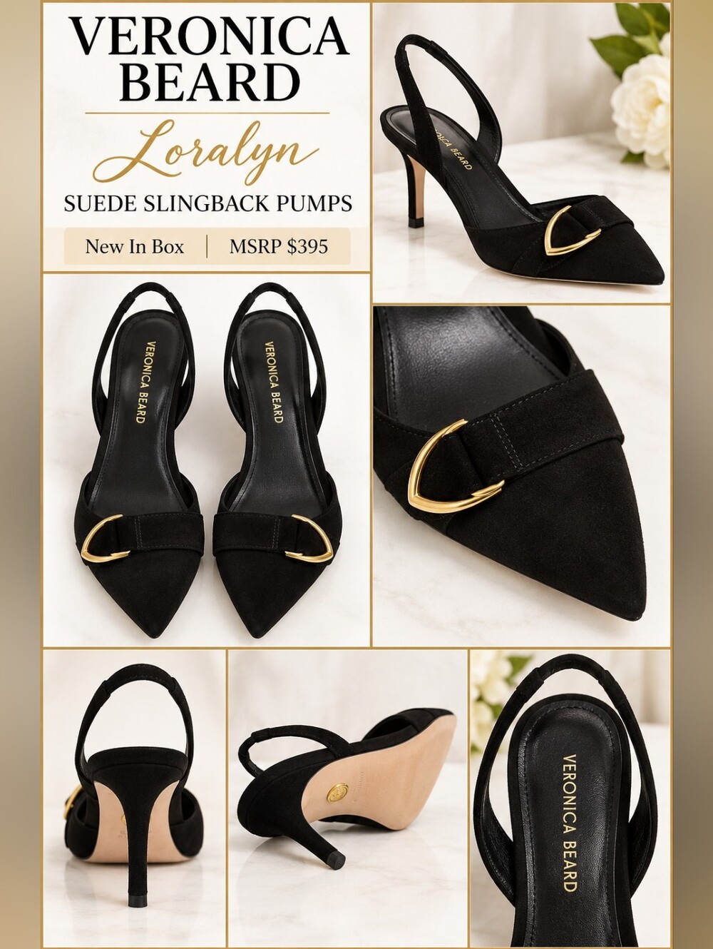 Veronica Beard Black Suede Pointed-Toe Slingback Pumps with Gold Buckle NiB